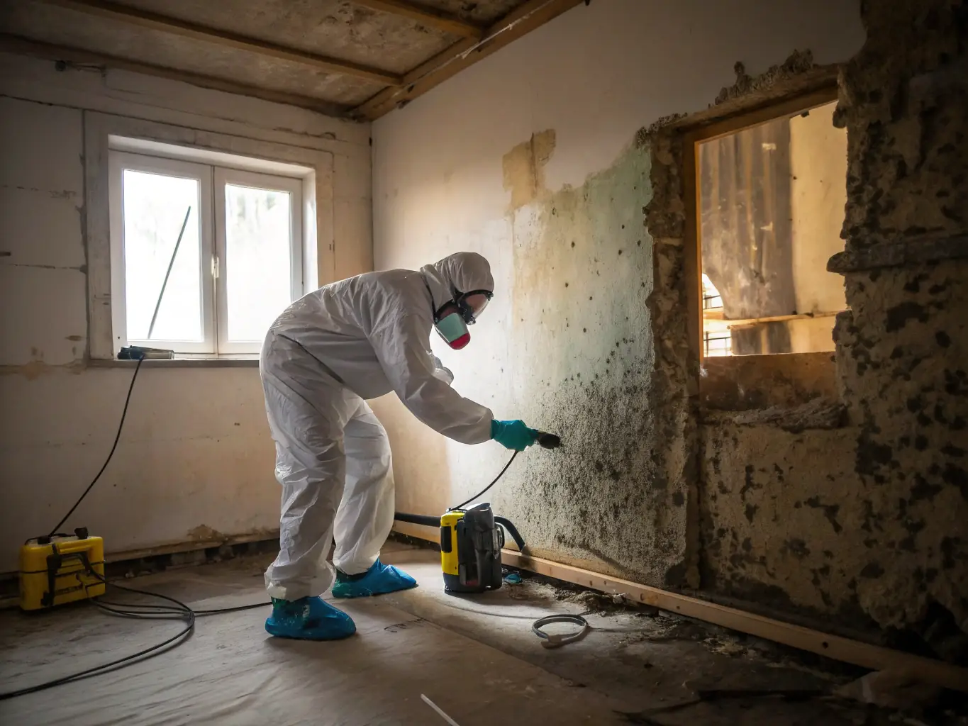 A technician inspecting mold growth behind drywall with protective gear, highlighting Invictus Restoration Services of Wyoming's mold remediation service.