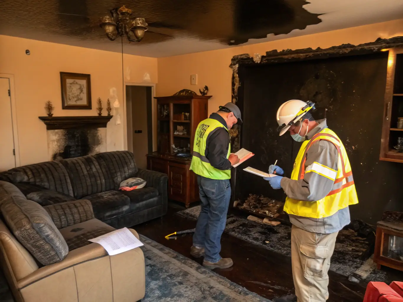 A home interior with visible fire damage, including soot and smoke residue, being assessed by a restoration technician from Invictus Restoration Services of Wyoming.