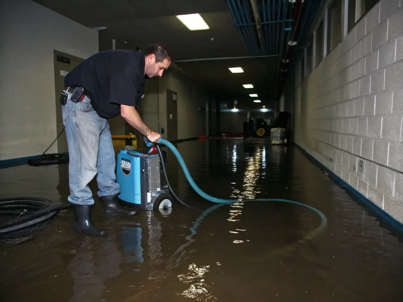 A technician using industrial-grade water extraction equipment in a flooded basement, showcasing Invictus Restoration Services of Wyoming's water damage restoration service.