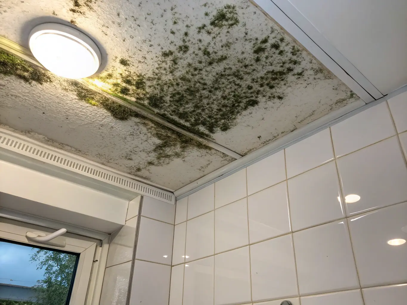 A residential bathroom with visible mold growth on the walls and ceiling, being inspected by a mold remediation specialist from Invictus Restoration Services of Wyoming.