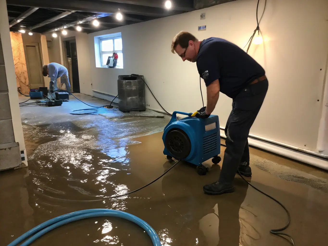 A flooded basement with water damage, showing the initial stages of water extraction and damage assessment by Invictus Restoration Services of Wyoming.
