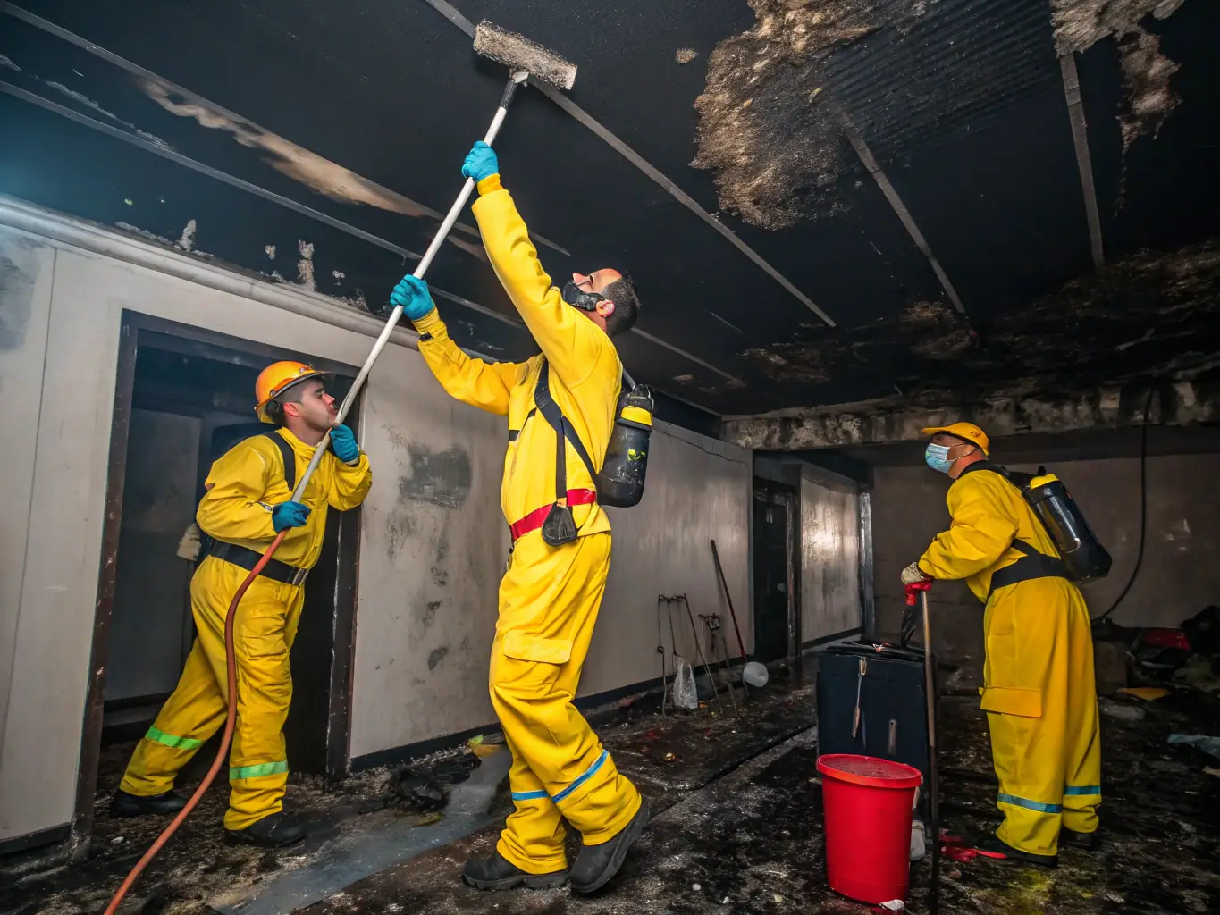 A team member cleaning soot from a wall after a fire incident, demonstrating Invictus Restoration Services of Wyoming's fire damage restoration service.
