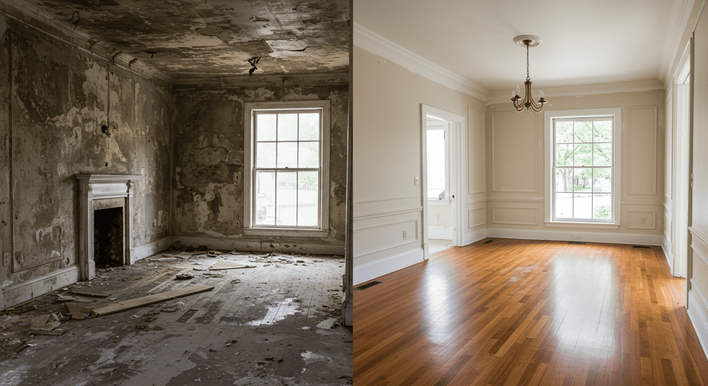 A before-and-after comparison of a water-damaged room transformed after restoration, showcasing the effectiveness of cleanup efforts.