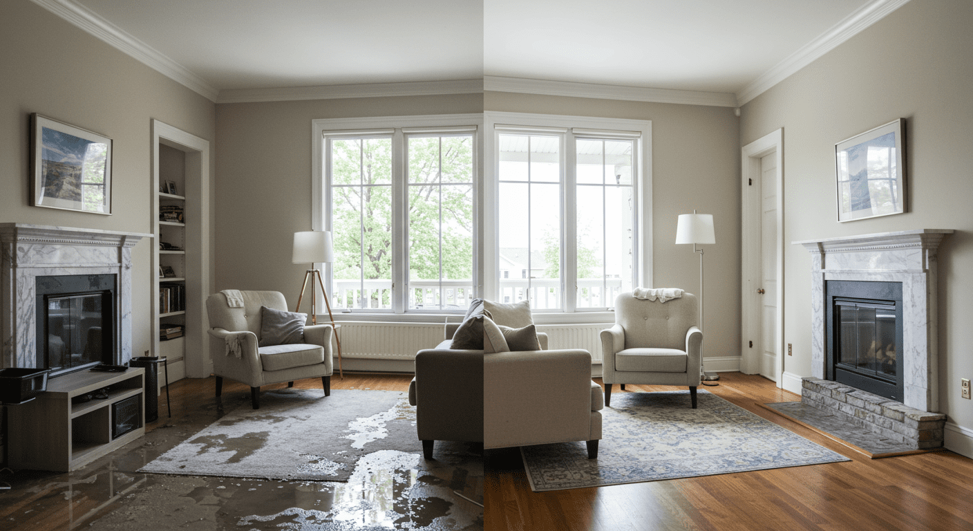 A before-and-after comparison of a living room affected by water damage. The left side shows waterlogged furniture and wet carpets, while the right side displays a restored, clean, and dry space, highlighting the effectiveness of restoration services.