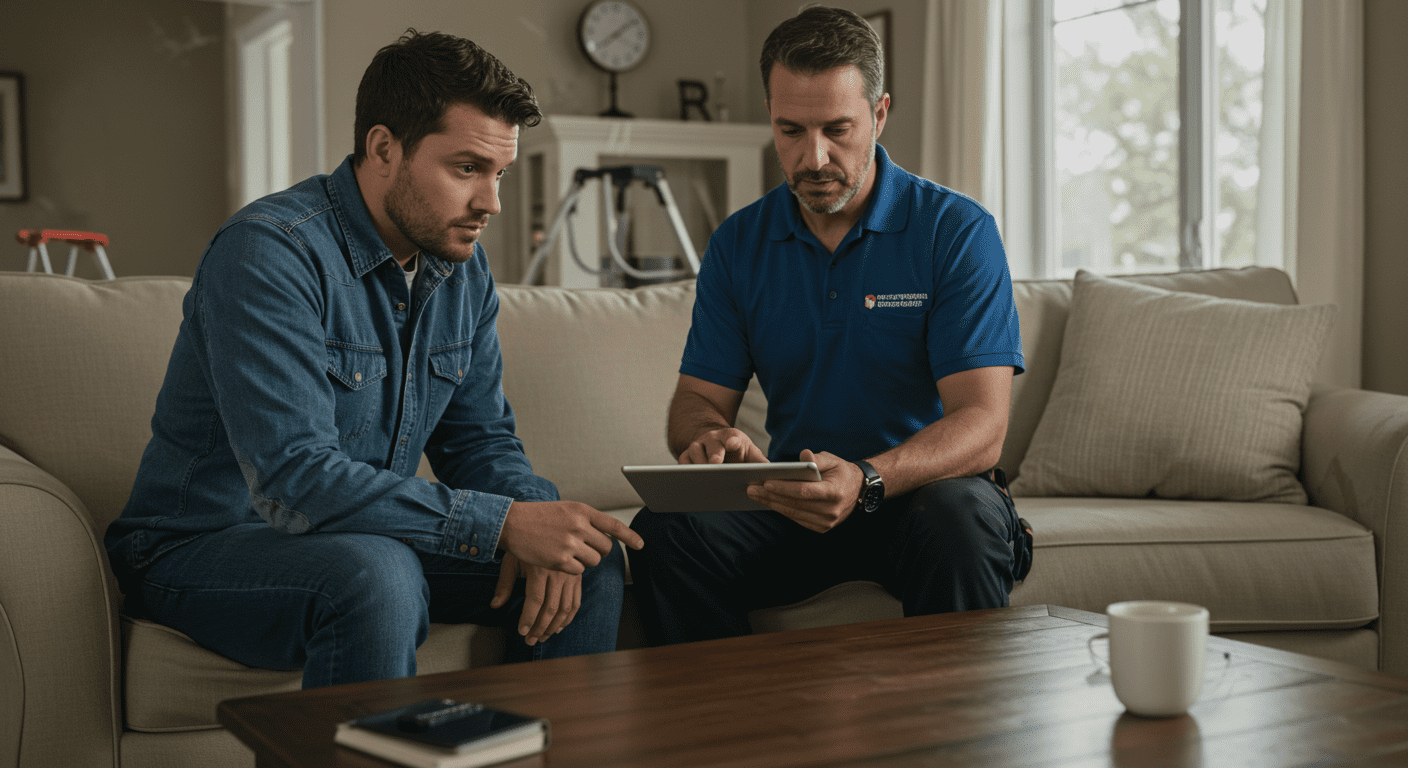 A restoration contractor discussing the restoration process with a concerned homeowner in a living room affected by water damage. The contractor is showing the homeowner a detailed plan on a tablet, emphasizing communication and trust.