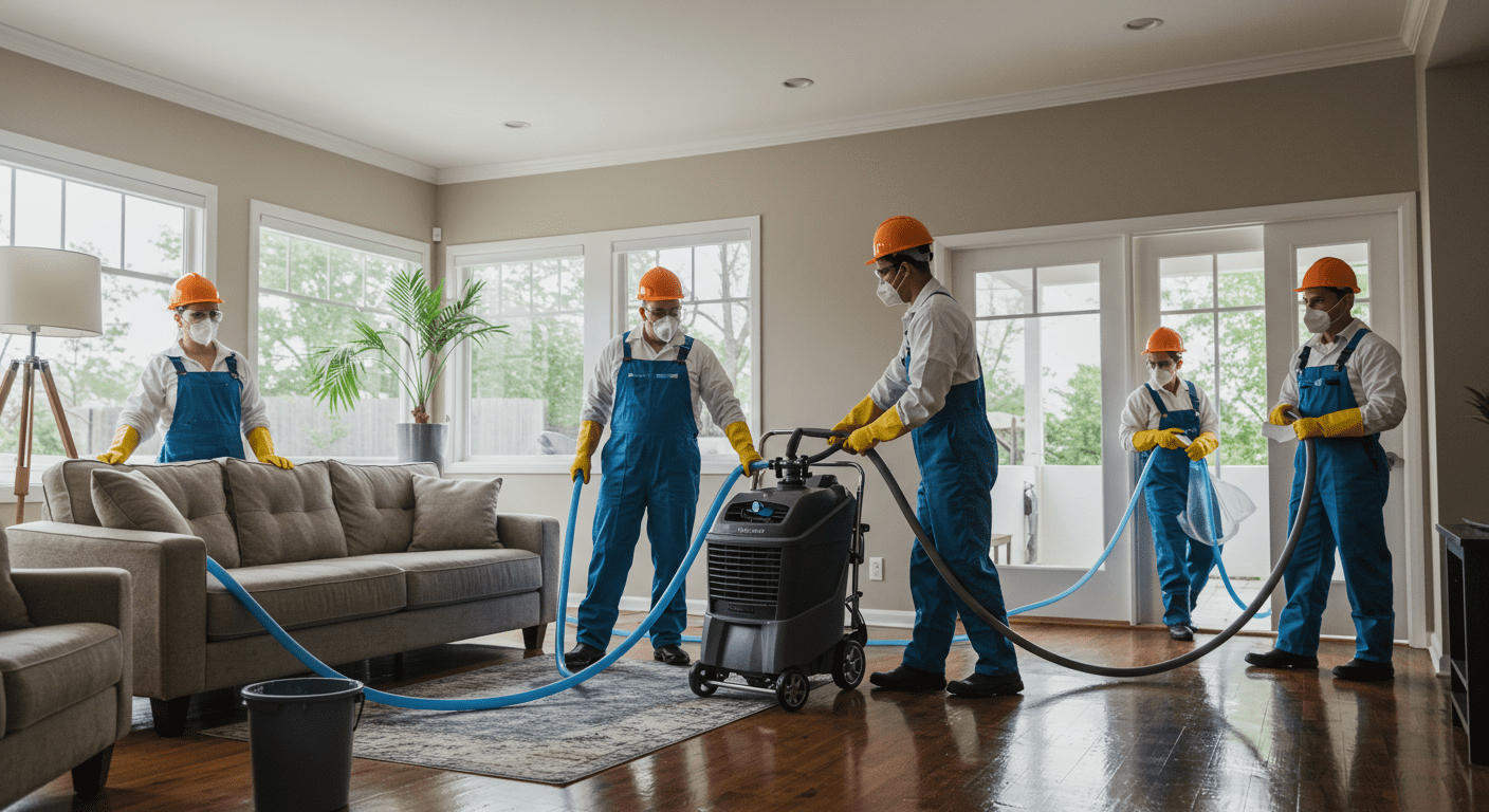 A team of professionals in protective gear actively working to remove water from a flooded living room. They are using industrial equipment like water extractors and dehumidifiers.