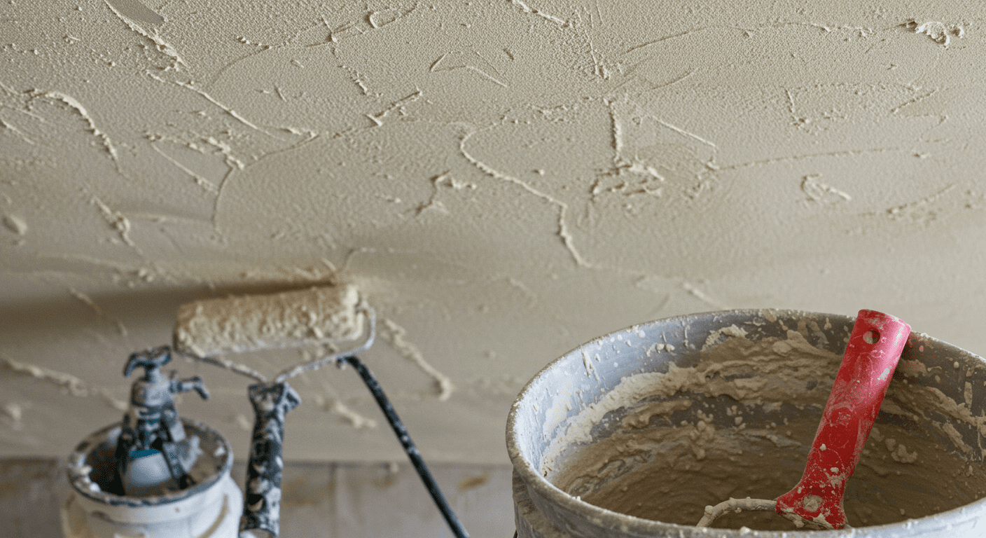 A person mixing popcorn ceiling texture in a bucket with a drill attachment.