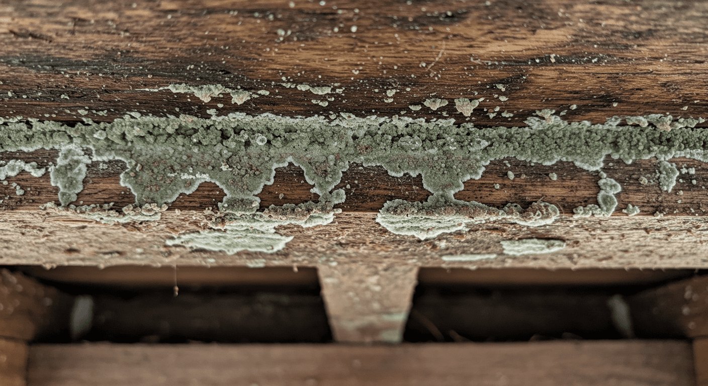 A close-up shot of mold growing on wooden beams under a house, showcasing the texture and color variations of the mold. The image captures the damp environment, with moisture visible on the wood.