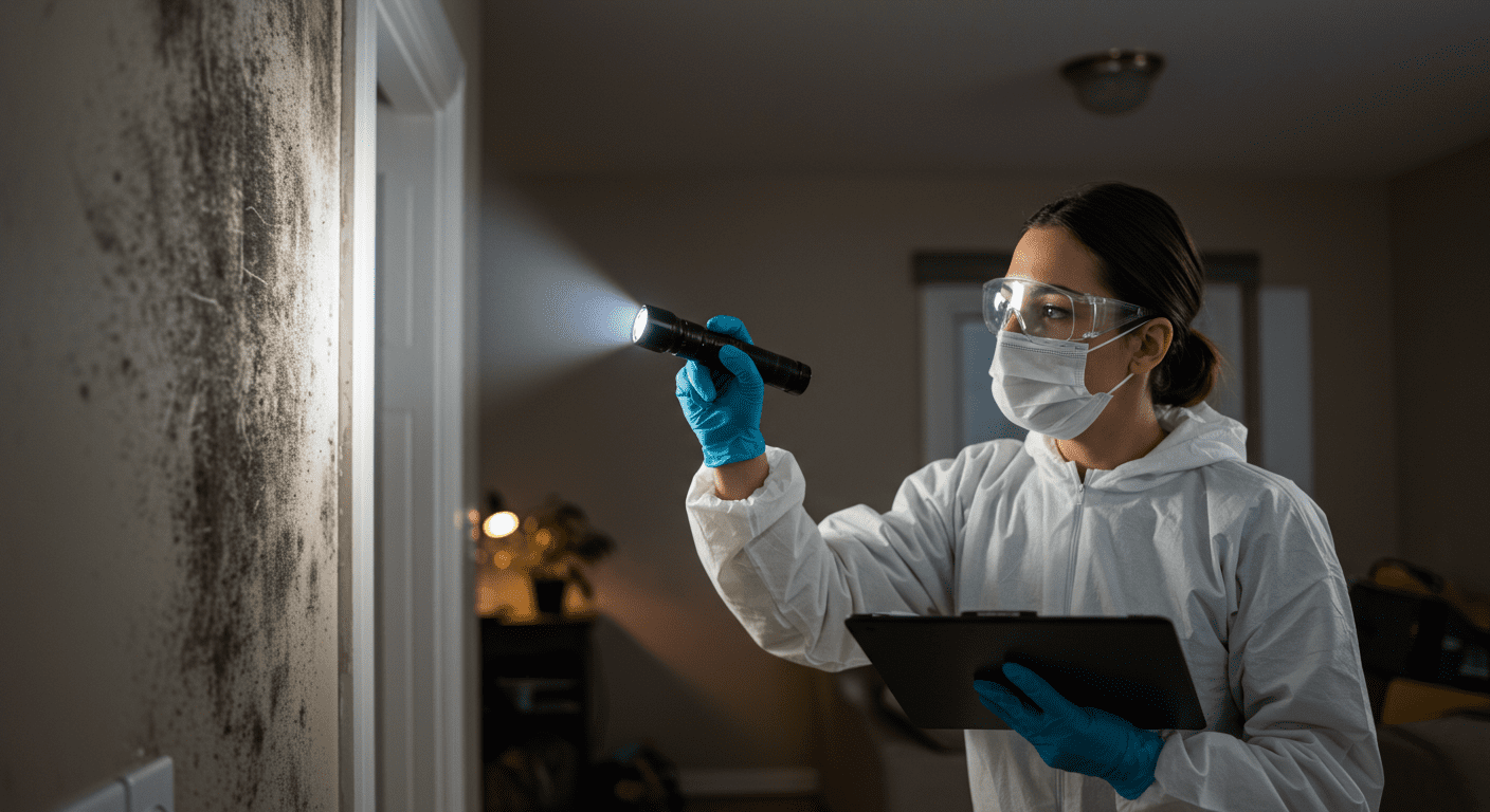 A professional mold inspector examining a home’s interior with a flashlight, highlighting mold growth on walls and ceilings.