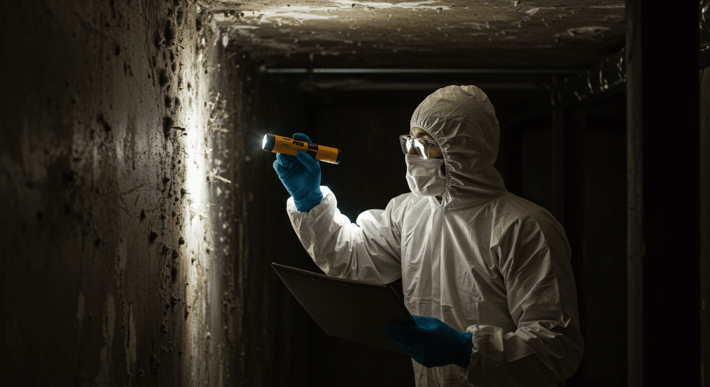 A professional mold inspector wearing protective gear examines a wall with visible mold growth using a flashlight and moisture meter.