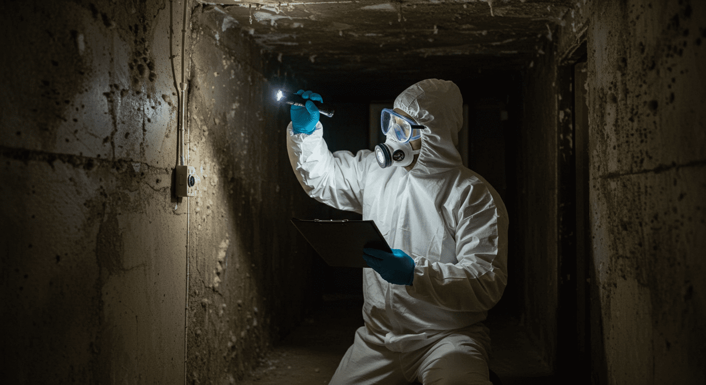 A professional mold abatement contractor inspecting a residential basement