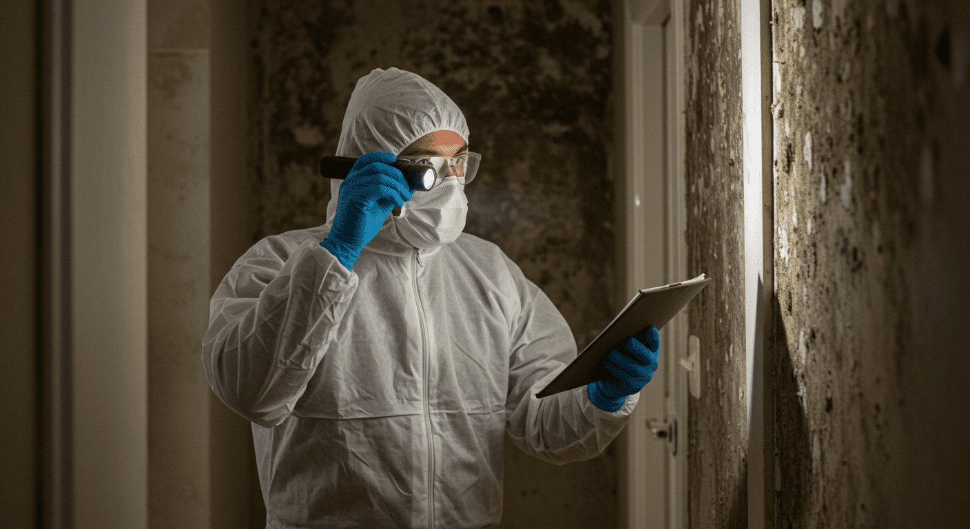 A professional mold remediation technician in protective gear carefully inspecting a home for mold.