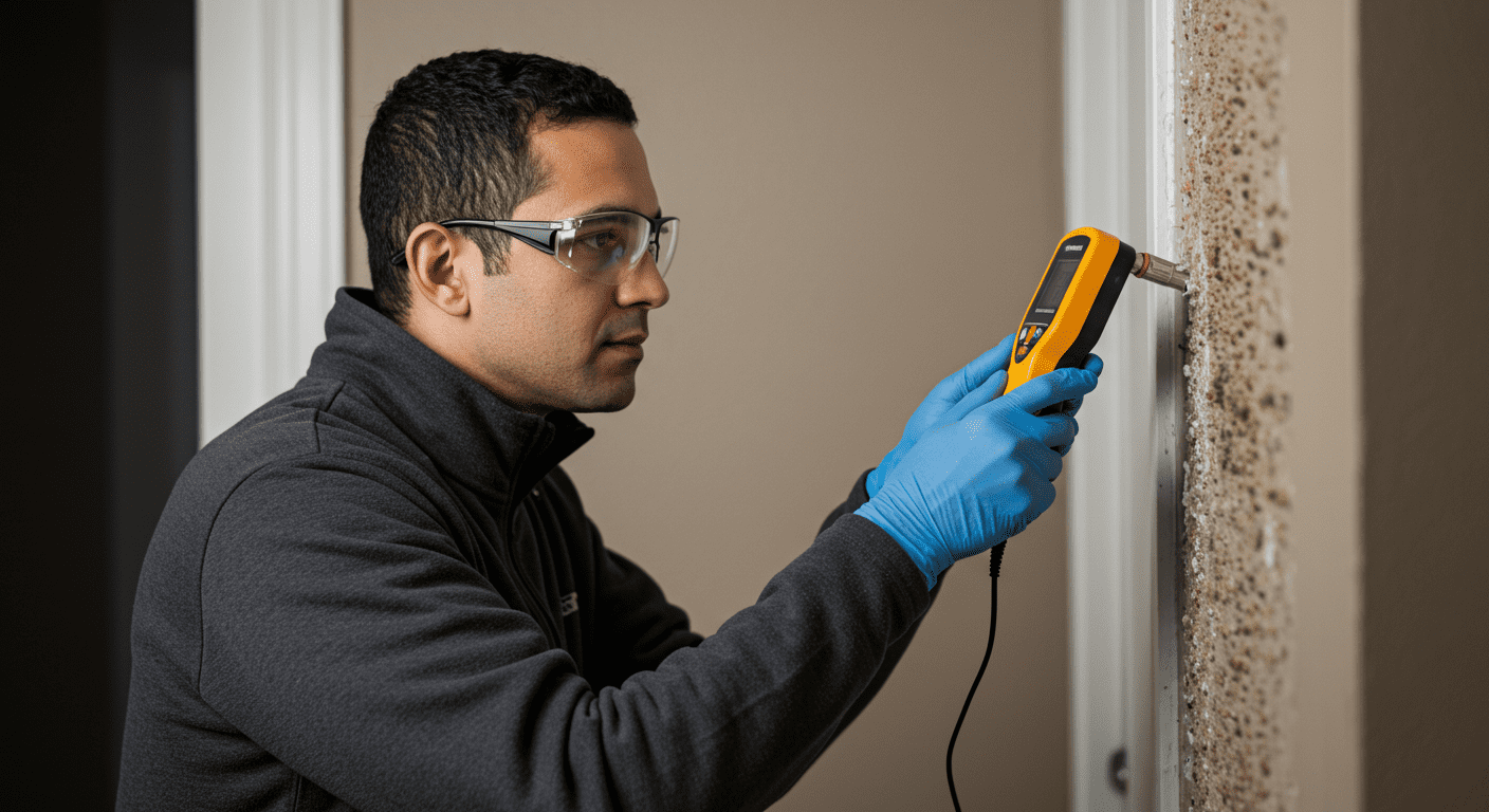 A professional mold inspector examining a wall with a moisture meter, showcasing the process of identifying mold growth in a residential setting.