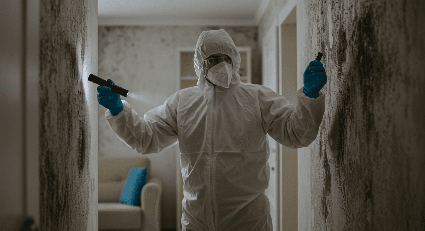 A professional mold inspector in protective gear examining a wall for mold growth with a flashlight. The setting is a residential home, showcasing a living room with visible signs of moisture.