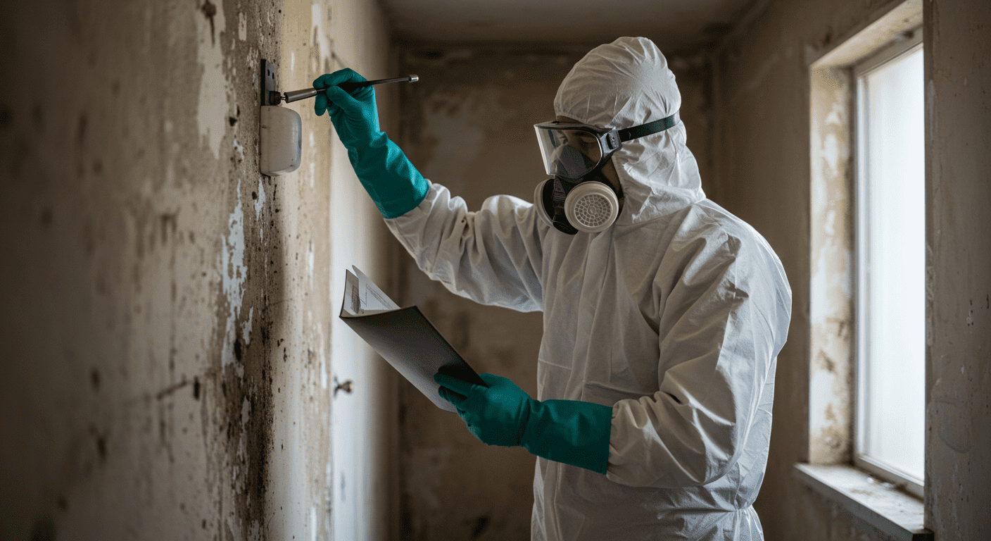 A mold remediation team in full protective gear working in a mold-infested area