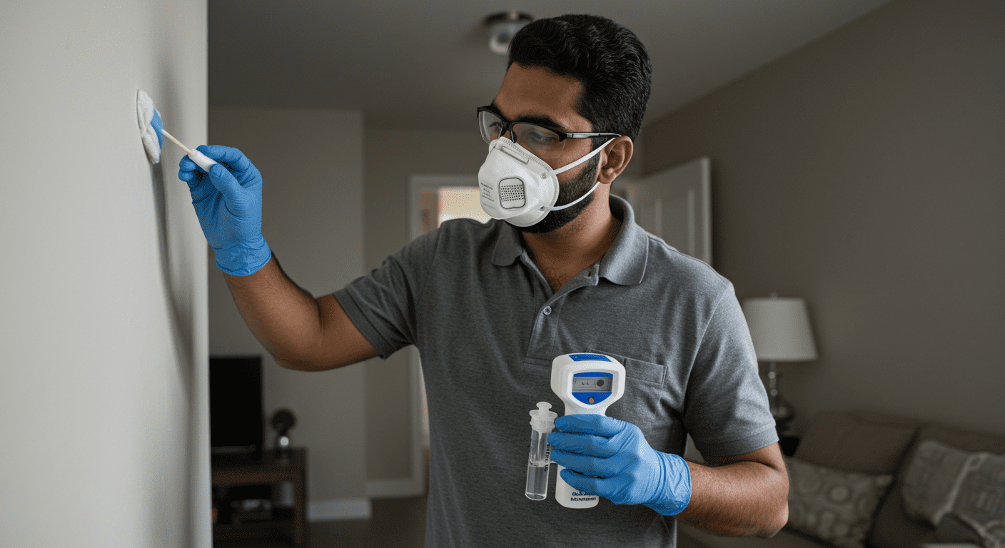 A professional technician conducting a mold test in a residential setting, using specialized equipment to collect samples from walls and surfaces.