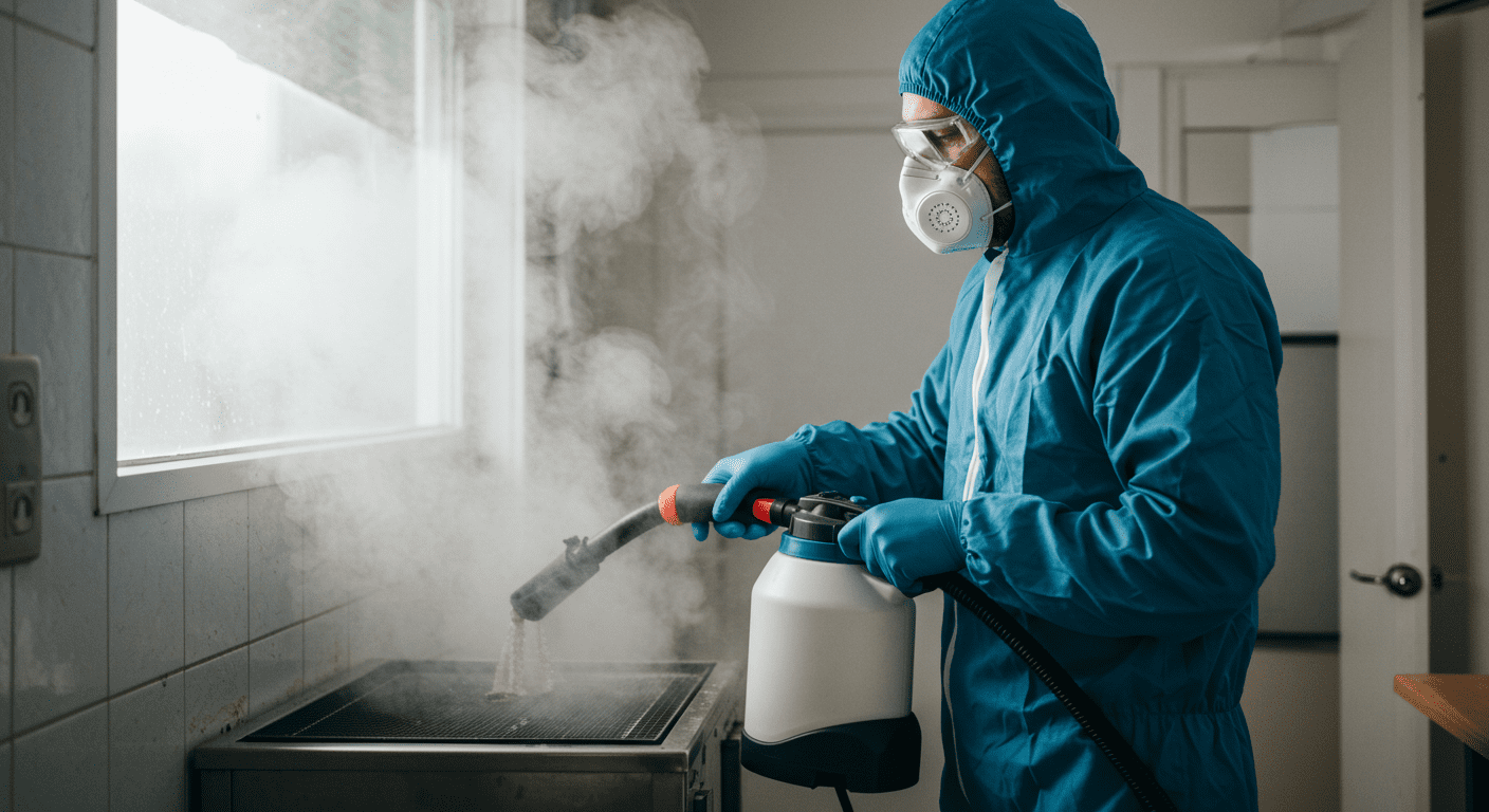 A technician performing mold removal with eco-friendly methods, such as using a steam cleaner. The background shows a well-lit, clean environment, promoting a sense of safety and professionalism.