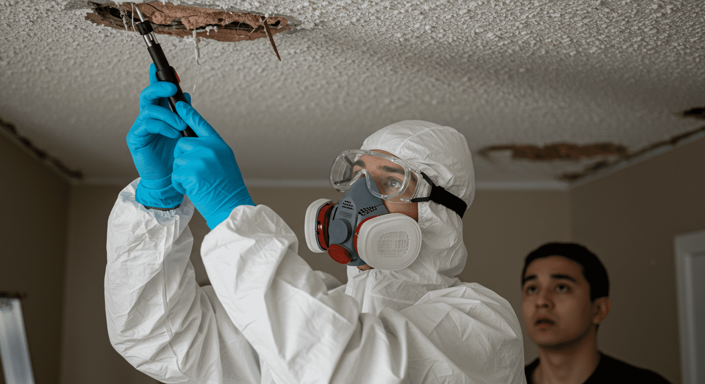 An image of a contractor wearing protective gear while inspecting a popcorn ceiling for asbestos.