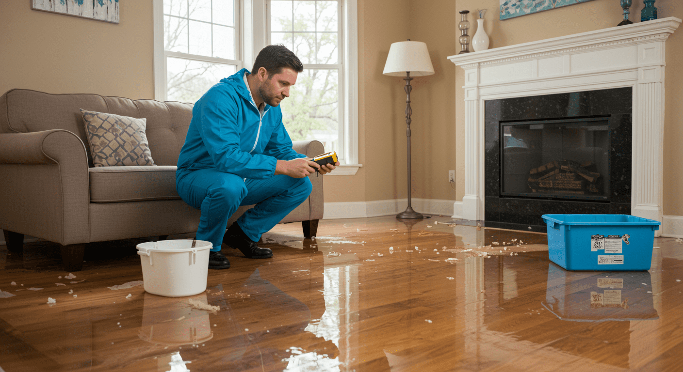 A professional water damage restoration technician inspecting a flooded living room, with water pooling on the floor and damaged furniture. The technician is using a moisture meter to assess the extent of the damage.