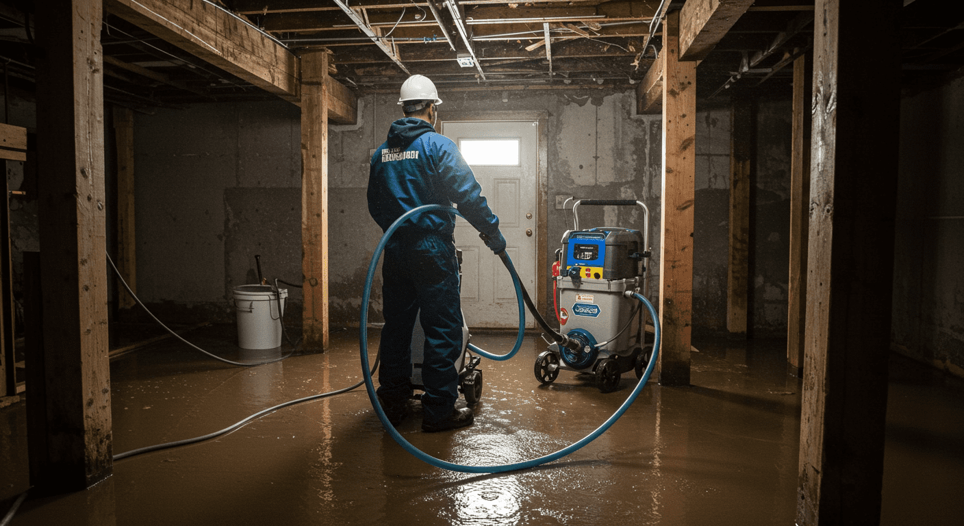 A professional water damage restoration technician in action, using specialized equipment to extract water from a flooded basement.