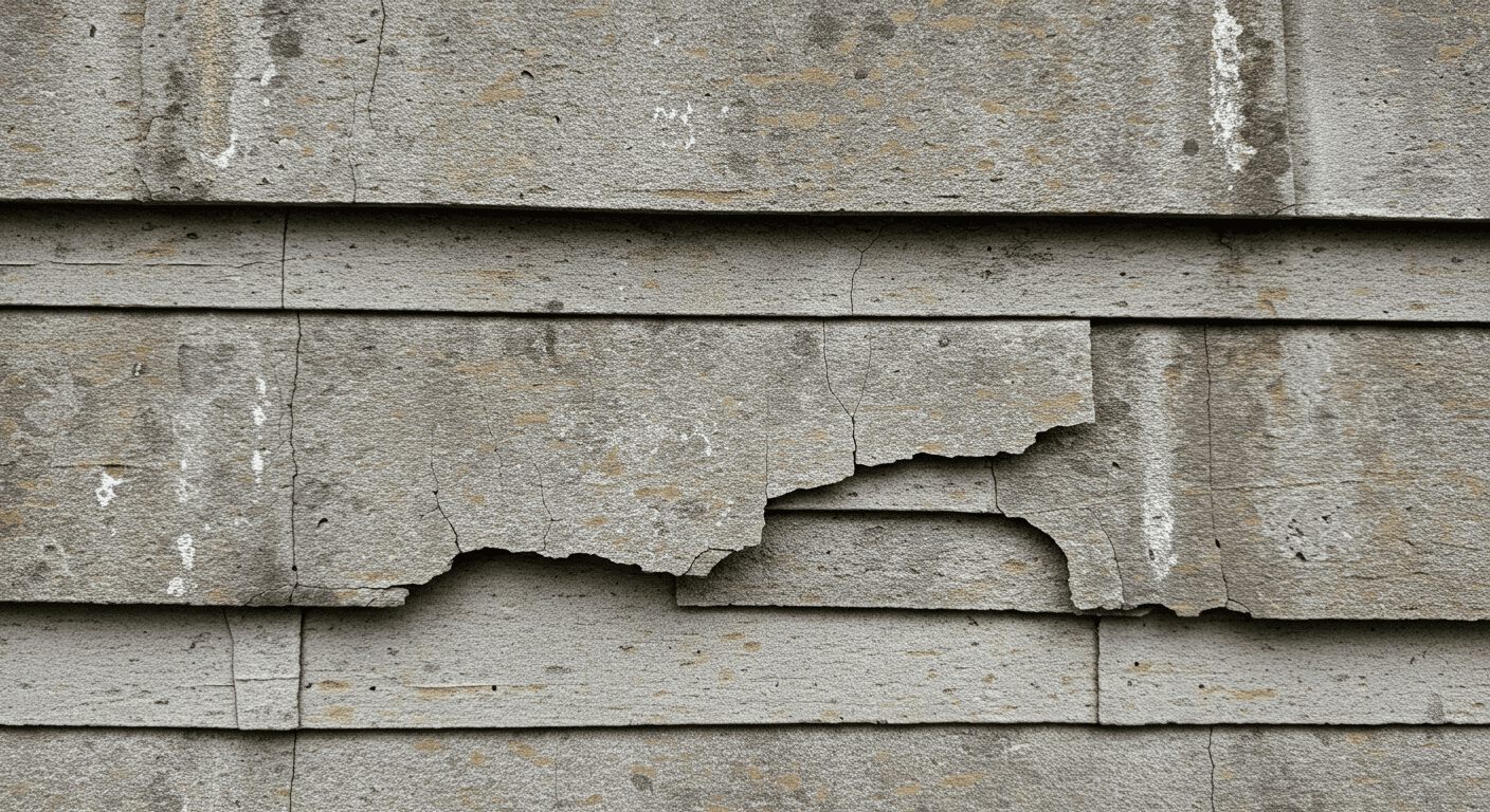 A close-up of asbestos siding panels showing their texture and condition, with a focus on cracks and wear.