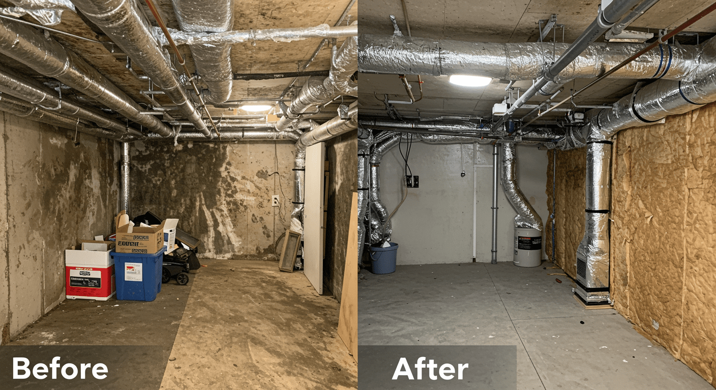 A split image showing a crawl space before remediation on the left, with visible mold and clutter, and the after image on the right, showcasing a clean, mold-free space with proper insulation and ventilation.