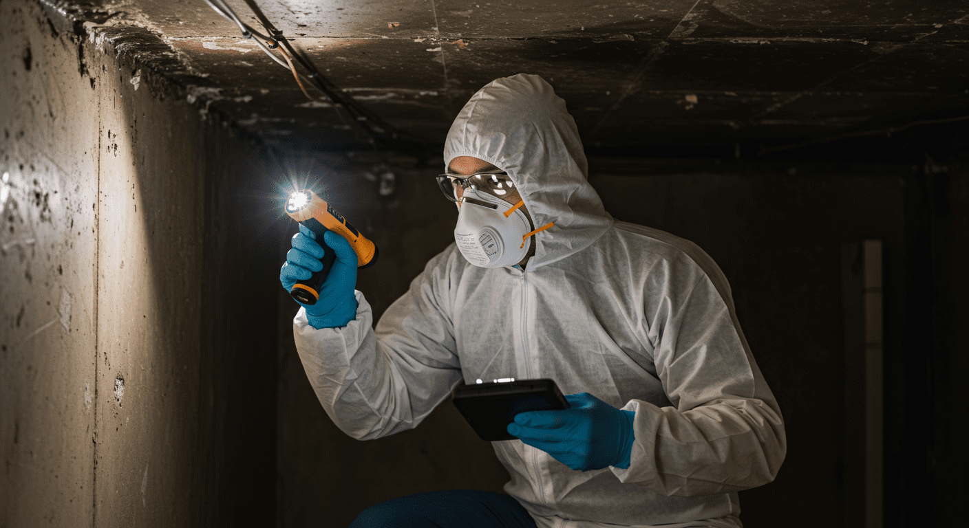 A professional mold inspector examining a damp corner of a basement with a flashlight and moisture meter. The inspector is wearing protective gear, including gloves and a mask, emphasizing safety during the inspection.
