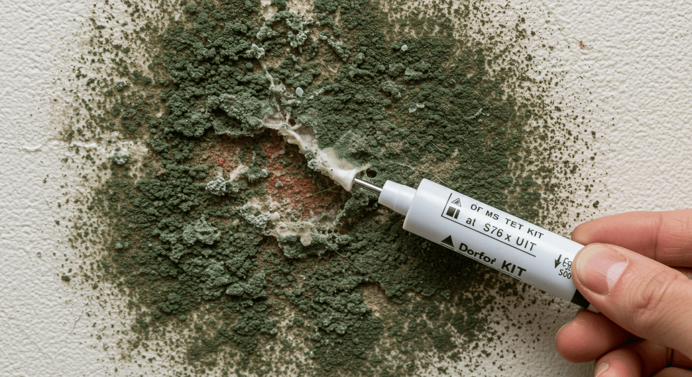 A close-up of mold growing on a wall, with a hand holding a mold testing kit. The image captures the texture of the mold and the seriousness of the situation.