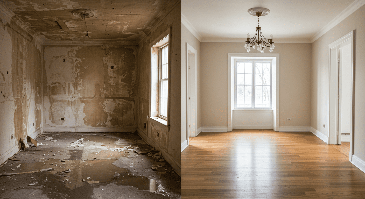A split image showing a room before and after water damage restoration, highlighting the transformation and effectiveness of the service.