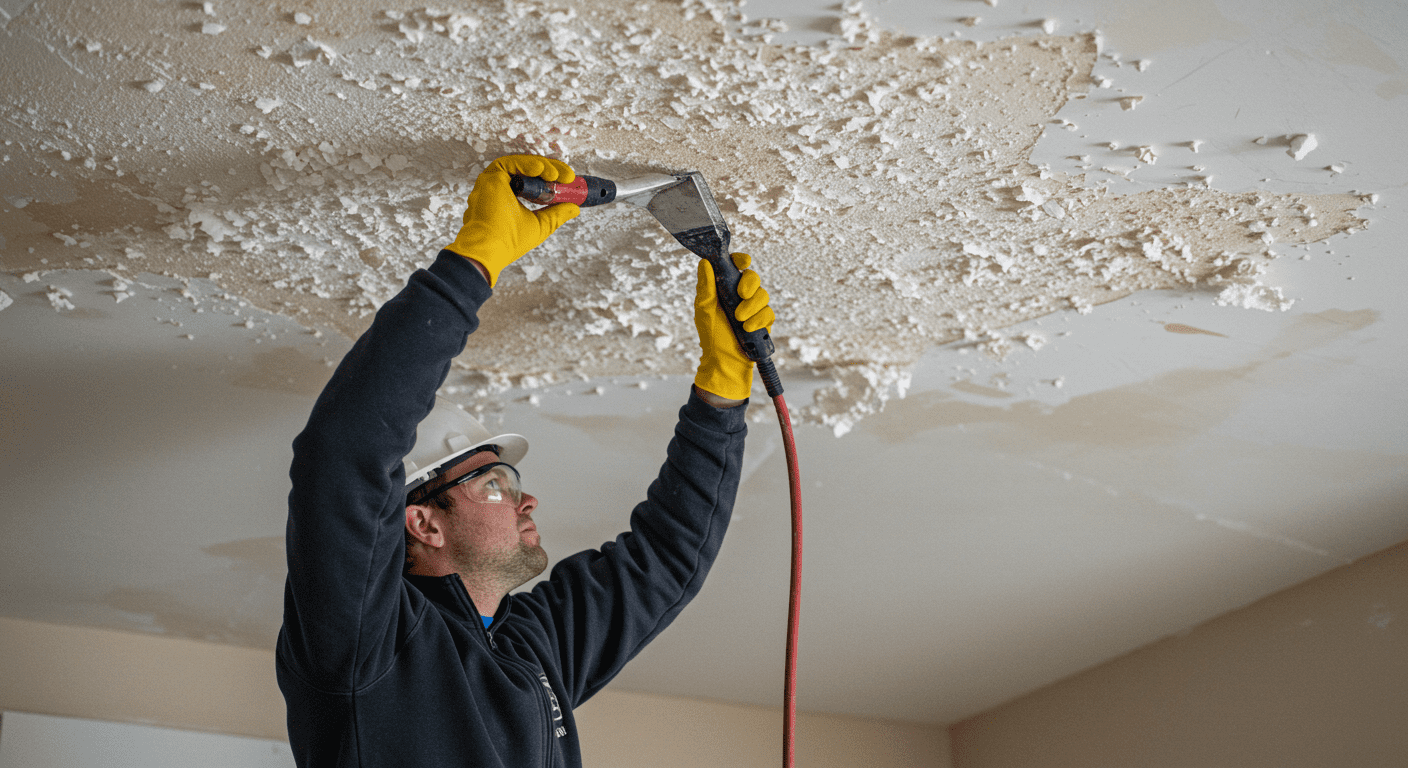 An action shot of a professional contractor actively removing popcorn ceiling material, wearing safety gear and using a scraper.