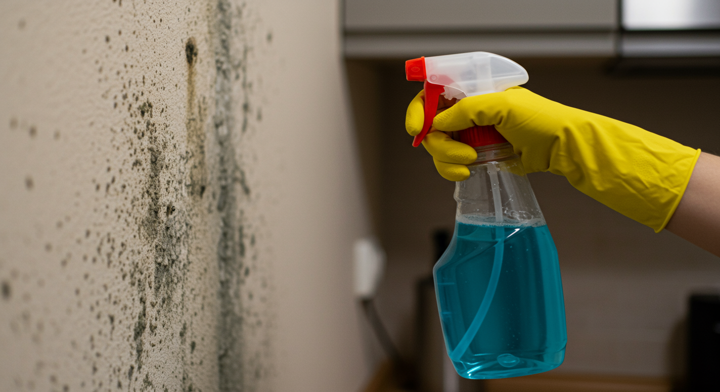 A person using a spray bottle filled with a cleaning solution to treat mold on a wall in a kitchen.