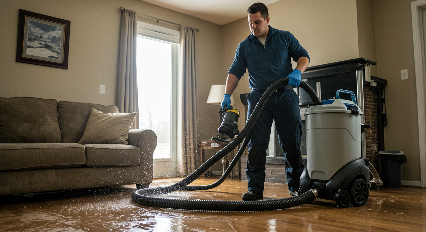 A professional flood restoration technician in action, using advanced equipment to extract water from a flooded living room. The technician is focused and determined, showcasing the urgency of the situation.