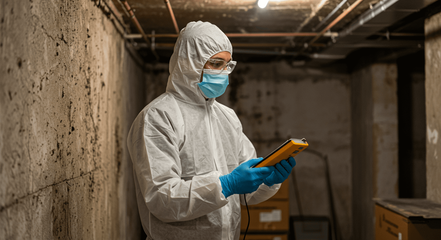 A professional wearing protective gear is conducting a mold test in a residential basement. The scene captures the technician using a moisture meter on a wall, with visible signs of mold in the background.