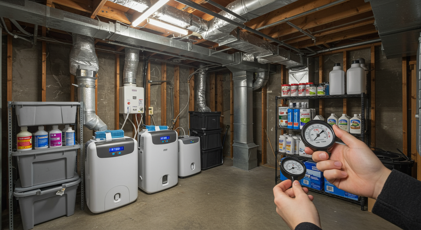 An organized basement space with dehumidifiers, moisture-absorbing products, and proper ventilation. The image captures a person checking a hygrometer to monitor humidity levels, emphasizing proactive measures to prevent mold growth.