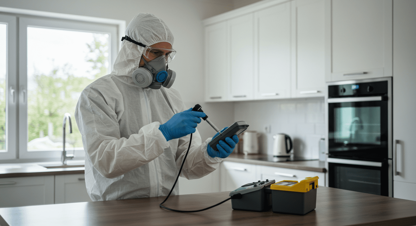 A technician in protective gear conducting an air quality test inside a home, highlighting the importance of professional mold inspection.