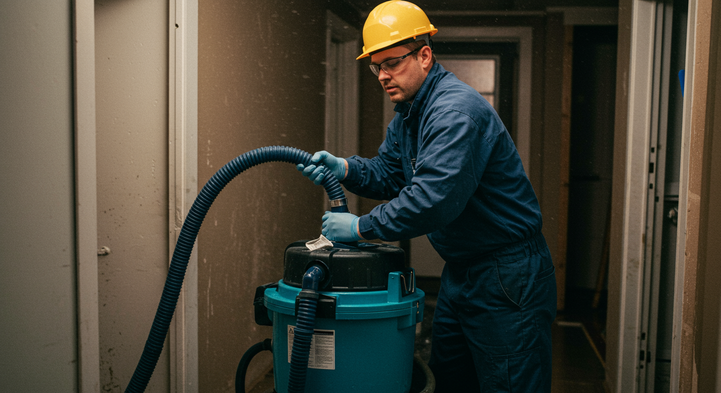 A professional water damage restoration technician in action, using specialized equipment to extract water from a flooded basement. The technician is focused and determined, showcasing the urgency of the situation.