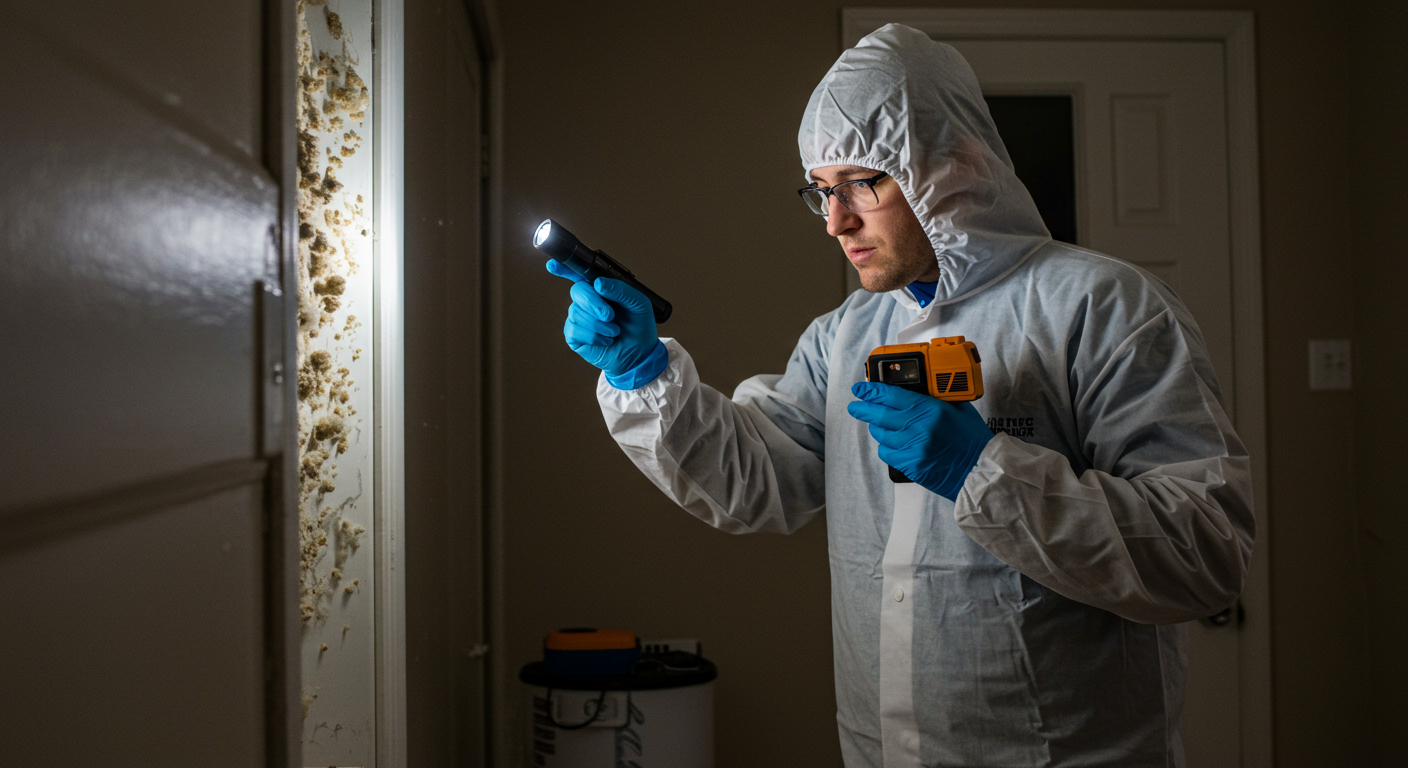 A mold inspector examining a home with a flashlight and mold-testing equipment, highlighting the importance of professional assessment in mold remediation.